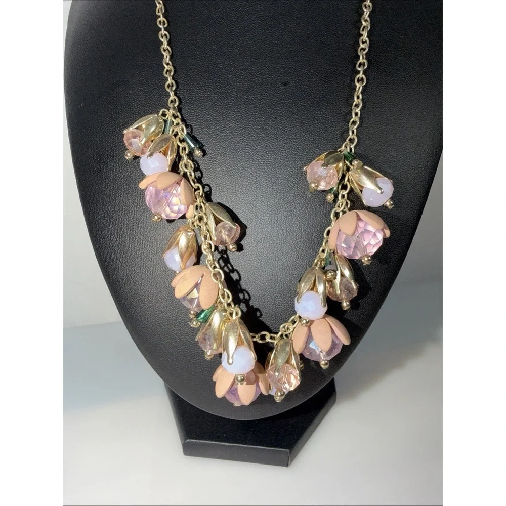 Pink Flower Necklace Glass Dangle Charm Statement Fairycore Adjust 17